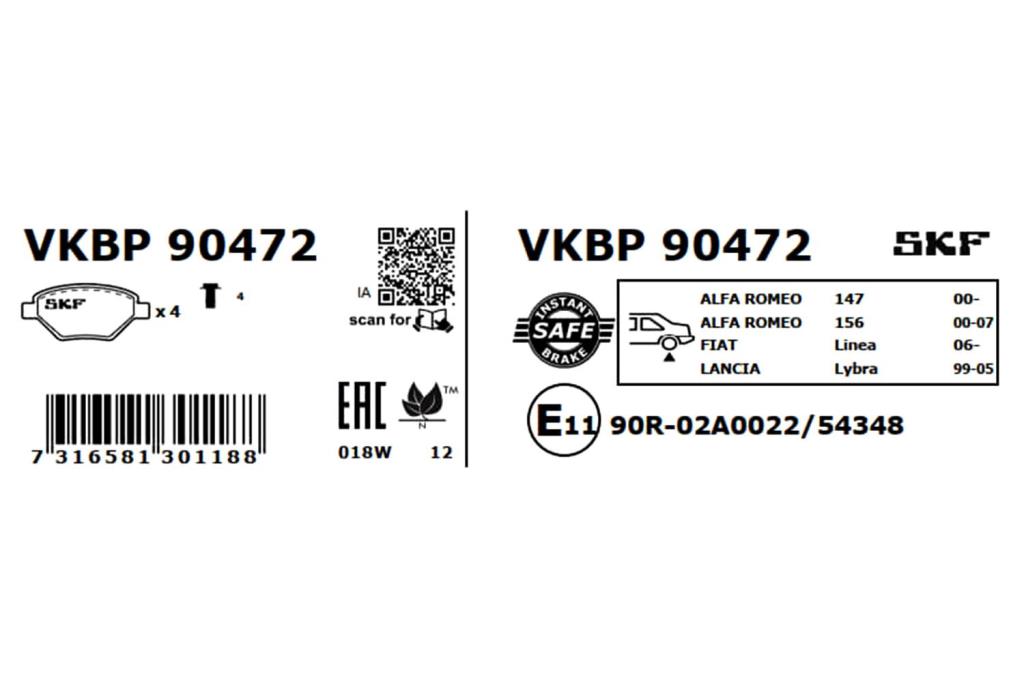 Jogo de 4 pastilhas de travão SKF ref. VKBP 90472